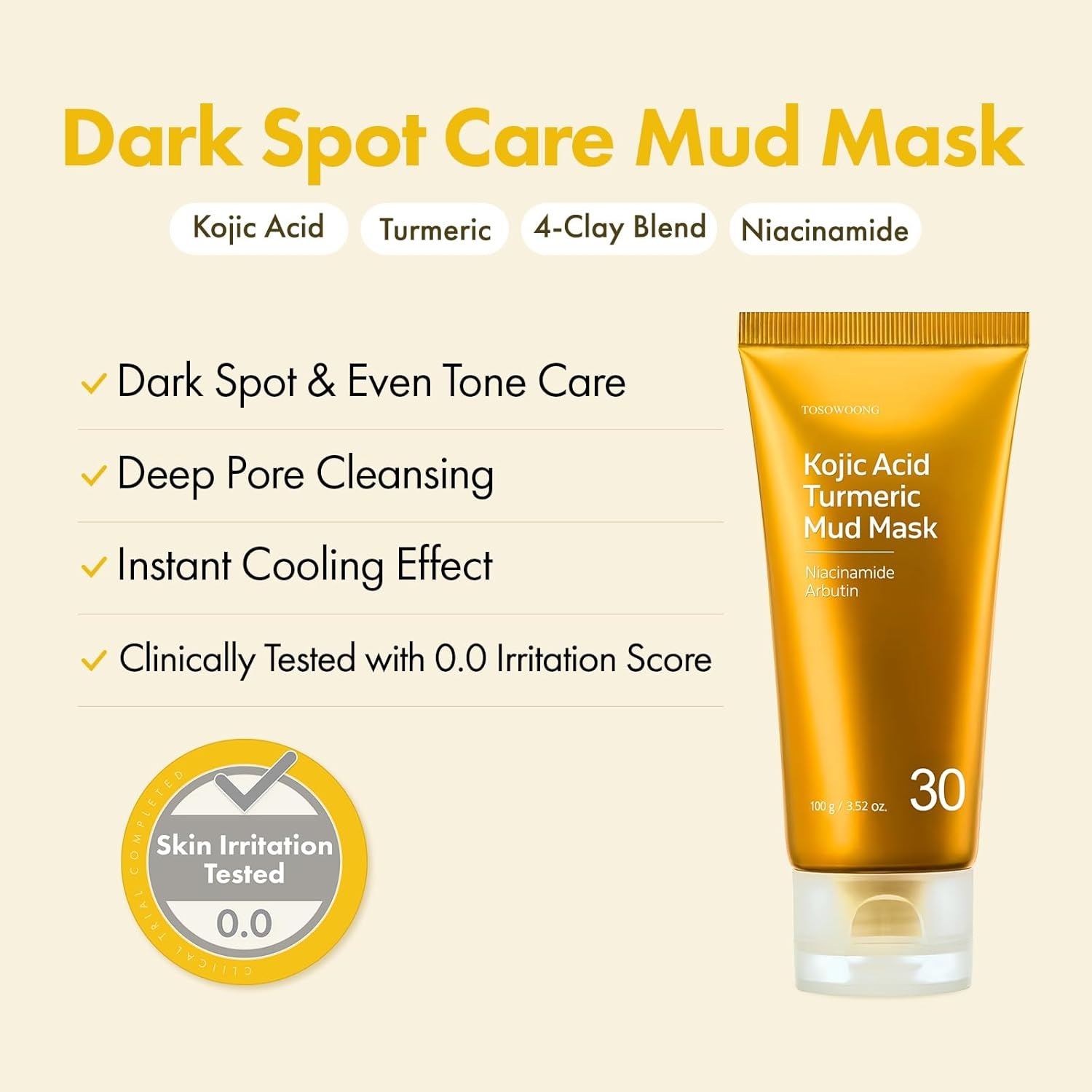 TOSOWOONG Kojic Acid Turmeric Mud Mask, Dark Spot & Blackhead Cleanser with Vitamin C, Niacinamide, Arbutin, Pore Cleaner, Clear Skin, Cooling Quick Dry Formula Face mask, Korean Skincare,100g/3.52oz. - view 3