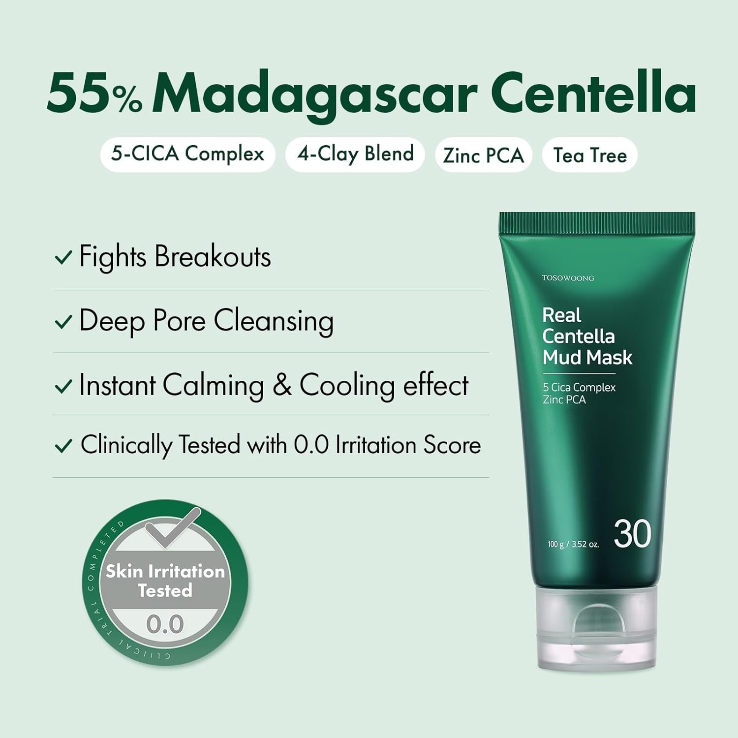 TOSOWOONG Real Centella Mud Mask for Blemish-Prone Skin with Witch Hazel, Tea Tree, Blackhead cleansing, Pore Care & Skin Relief, Cooling Quick Dry Formula Face Mask, Korean Skincare, 100 g / 3.52 oz. - view 3