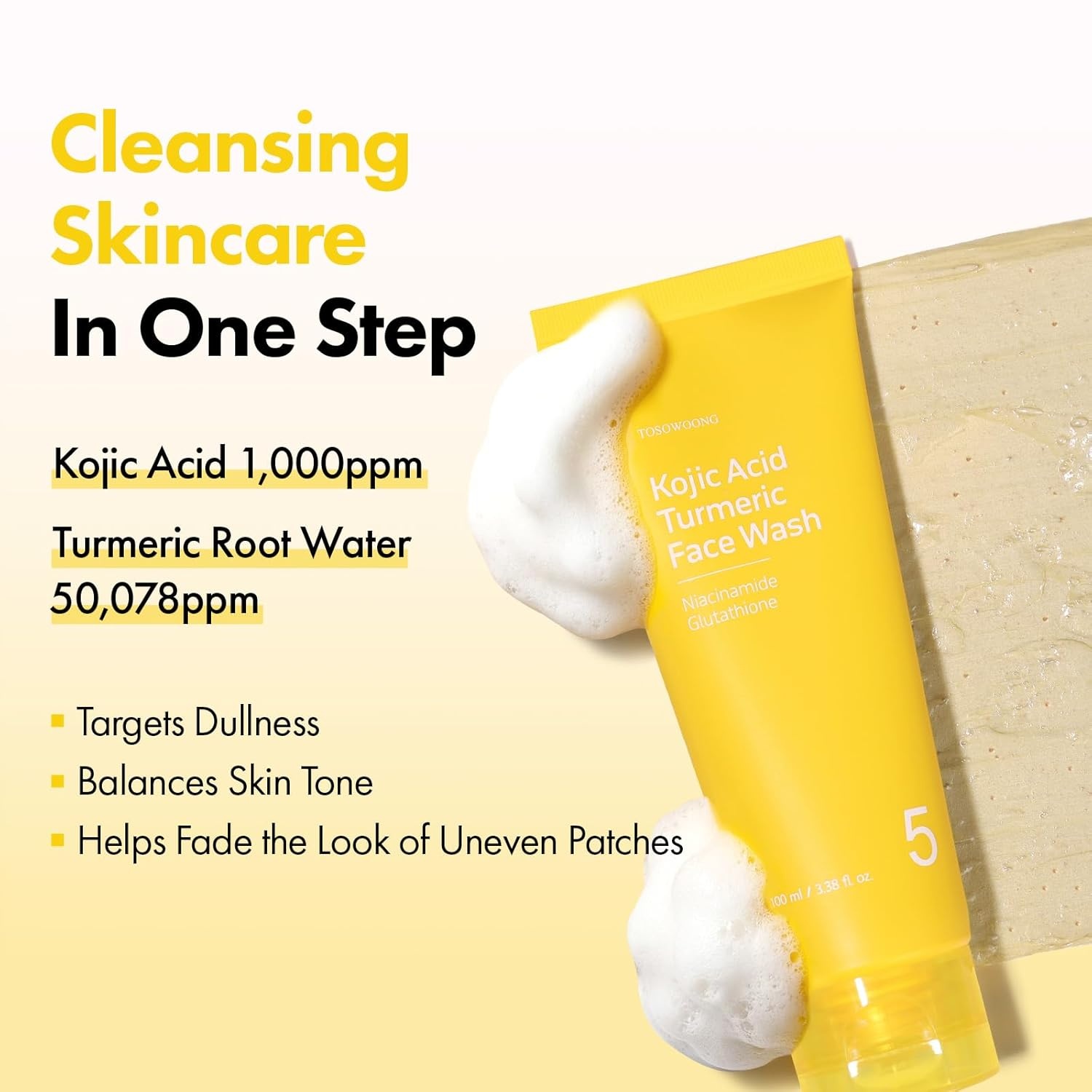 TOSOWOONG Kojic Acid Turmeric Face Wash with Niacinamide, Glutathione for Brightening and Dark Spot Care, Mochi Whip with Capsules for Dull, Uneven Skin Tone, Korean Skincare, 100 ml / 3.38 fl. oz.