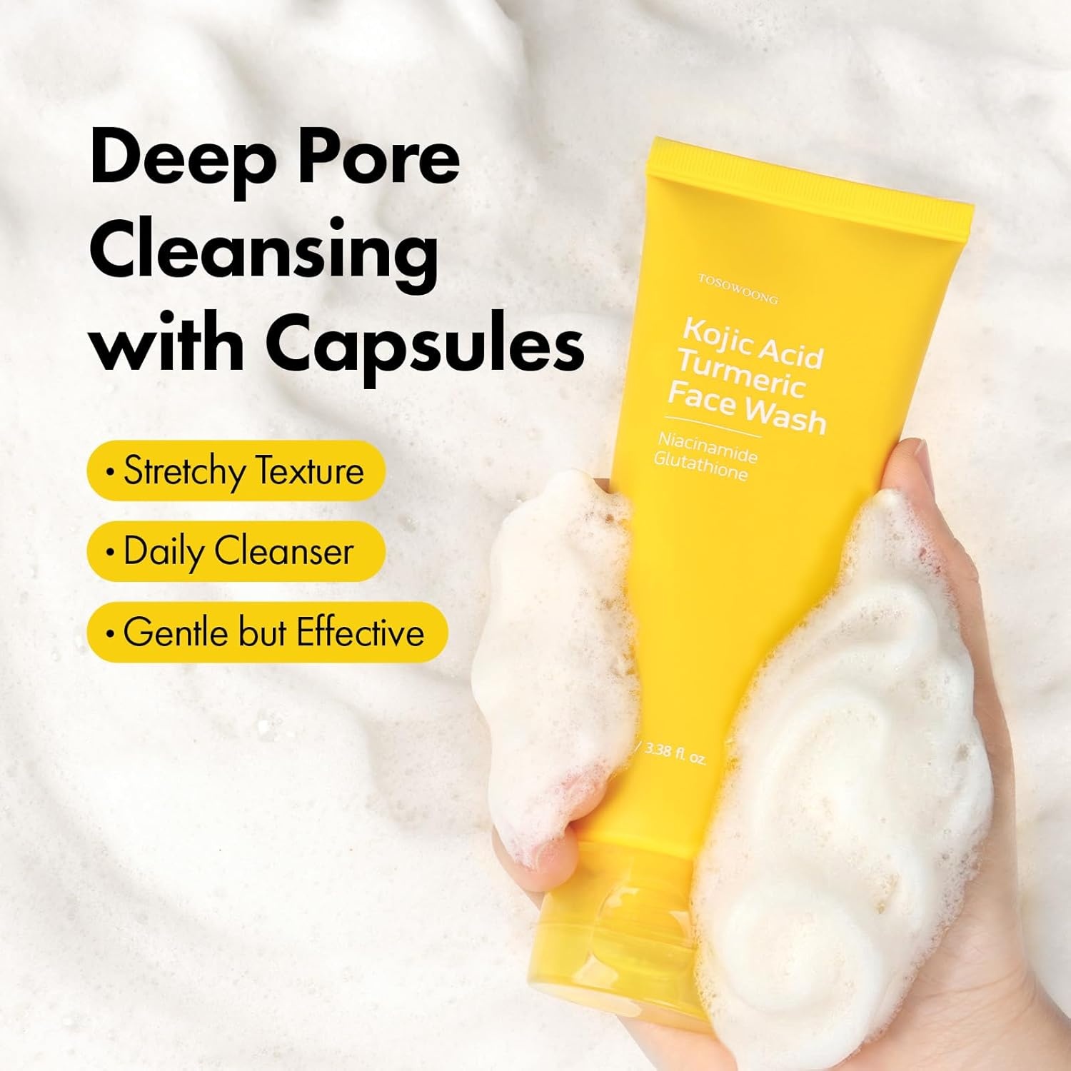 TOSOWOONG Kojic Acid Turmeric Face Wash with Niacinamide, Glutathione for Brightening and Dark Spot Care, Mochi Whip with Capsules for Dull, Uneven Skin Tone, Korean Skincare, 100 ml / 3.38 fl. oz. - view 3