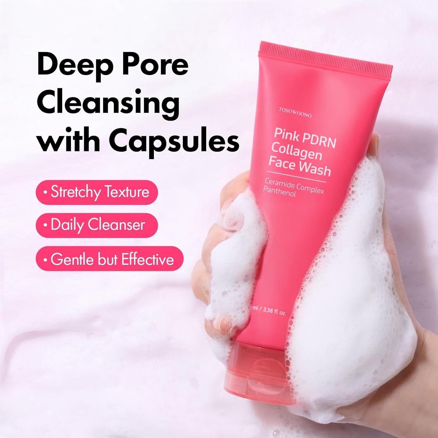 TOSOWOONG Pink PDRN Collagen Face Wash, Mochi Whip with Capsules for Gentle Blackhead & Pore Care, Hydrating & Rejuvenating with Salmon DNA PDRN, 7 Collagens, Korean Skincare, 100ml / 3.38 fl. oz. - view 3
