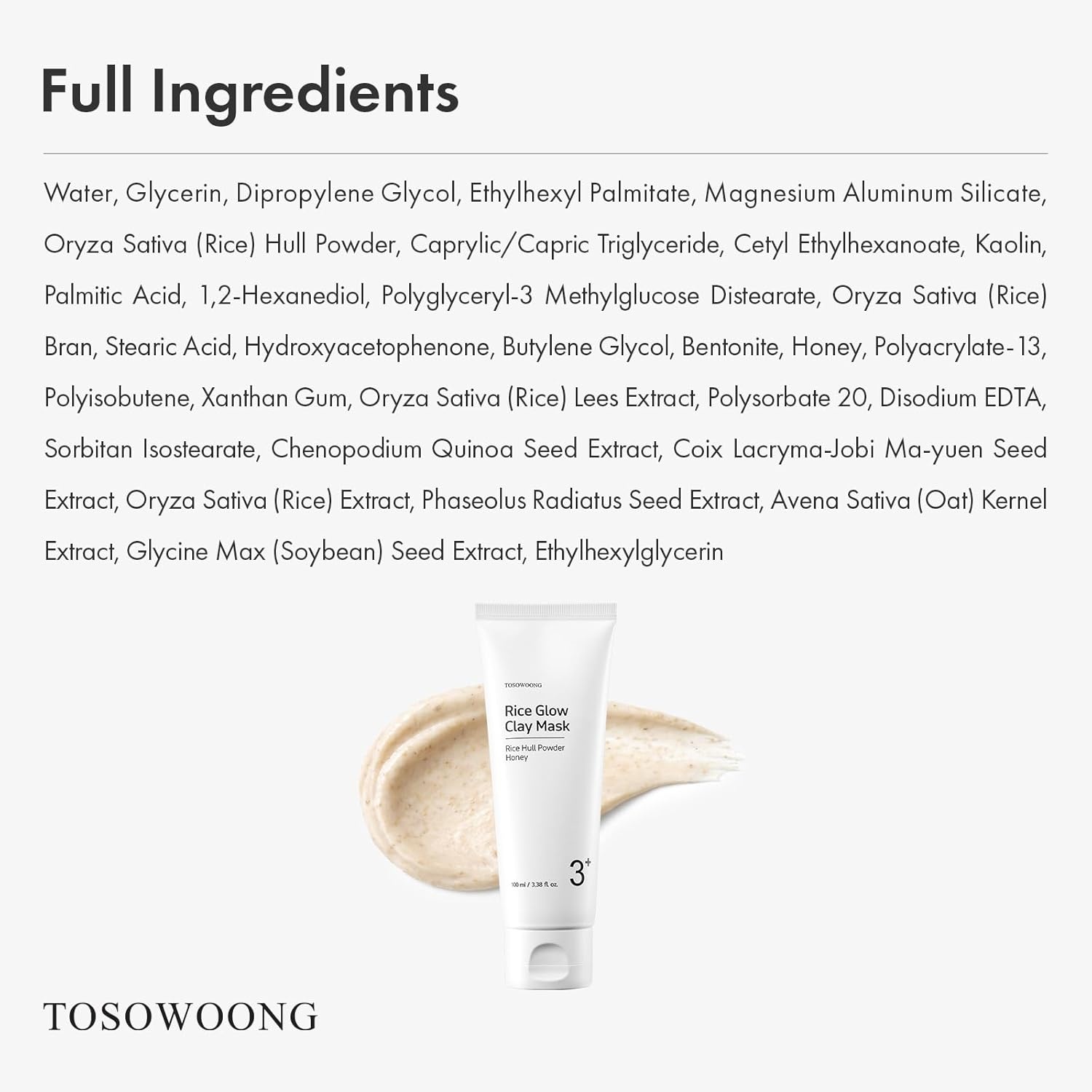 TOSOWOONG Rice Glow Clay Mask, 3% Korean Rice Wash-Off Mask & Exfoliating Scrub, Kaolin Mud for Pore Minimizing, Sebum Control, Honey Instant Glow, Glass Skin, Korean Skincare, 100 ml / 3.38 fl. oz. - view 5