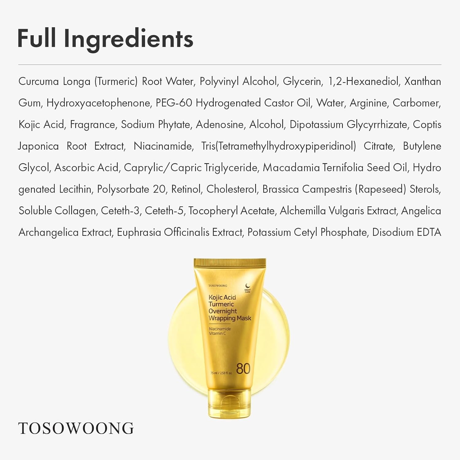 TOSOWOONG Kojic Acid Turmeric Overnight Wrapping Mask, 80% Turmeric Peel Off Facial Mask for Glass Skin, Niacinamide, Retinol & Vitamin C for Dark Spot Remover, Korean Skincare, 75 ml / 2.53 fl. oz. - view 5