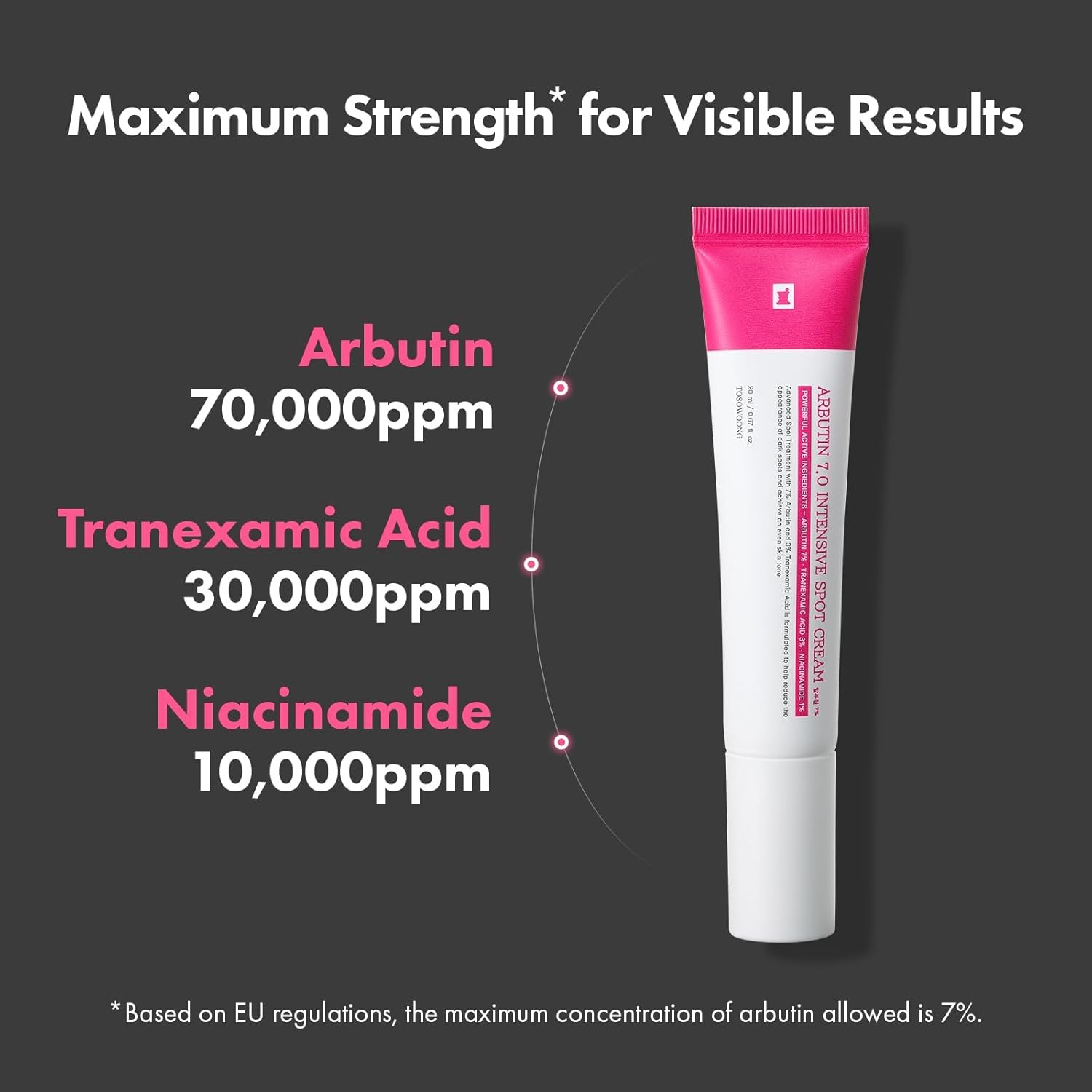 TOSOWOONG Arbutin 7% Intensive Spot Cream with 70,000ppm Arbutin, 3% Tranexamic Acid, 1% Niacinamide, Glutathione, Dark Spots, freckle, Blemishes, Anti-pigmentation, Korean Skin Care, 20ml, 0.67 fl.oz - view 3