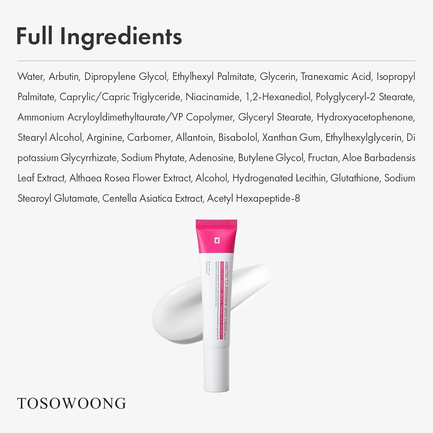 TOSOWOONG Arbutin 7% Intensive Spot Cream with 70,000ppm Arbutin, 3% Tranexamic Acid, 1% Niacinamide, Glutathione, Dark Spots, freckle, Blemishes, Anti-pigmentation, Korean Skin Care, 20ml, 0.67 fl.oz - view 5