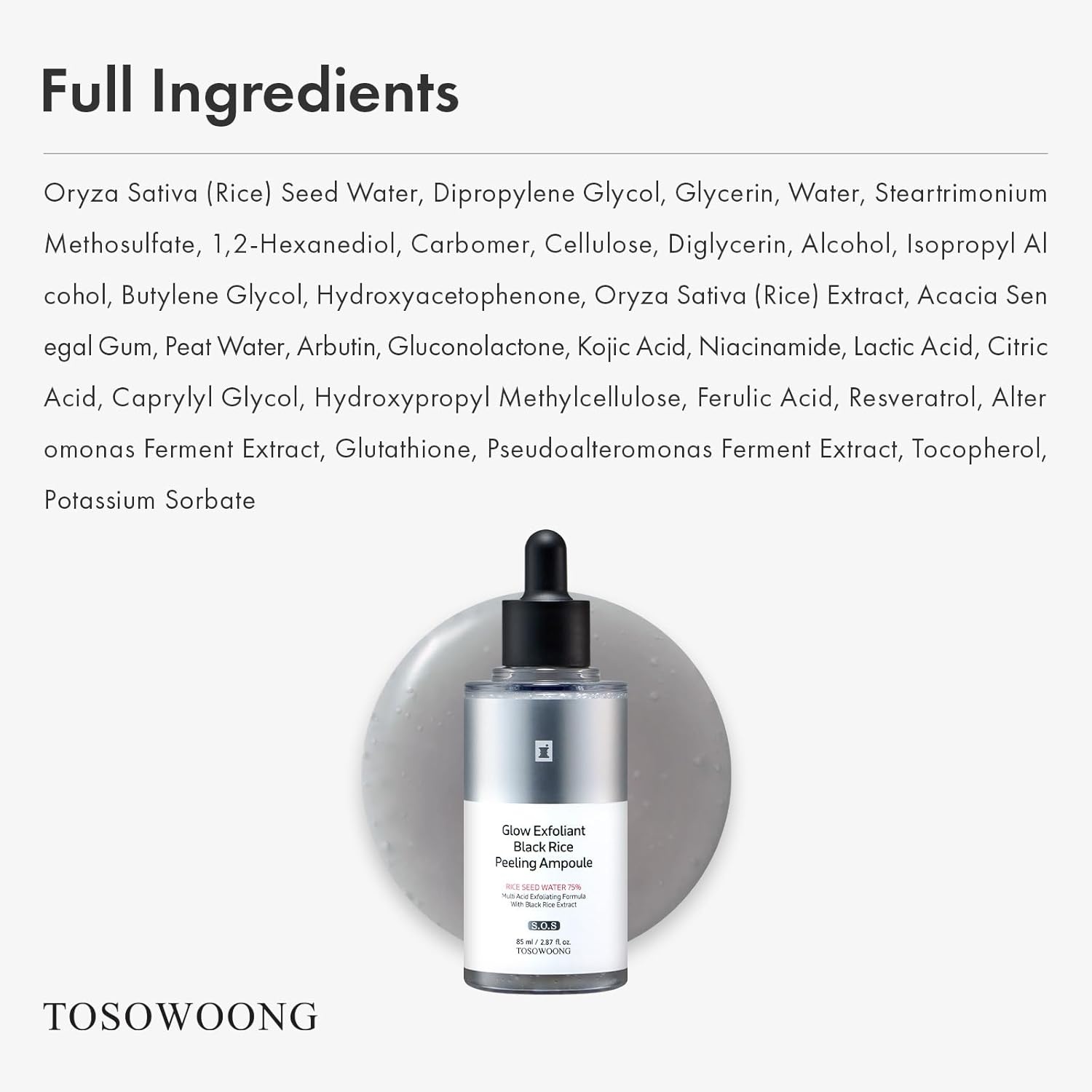 TOSOWOONG Black Rice Peeling Ampoule, 75% Black Rice Exfoliant, Dead Skin Remover, Face Body Scrub, Blackheads Pore Cleaner, Kojic Acid, Arbutin for discoloration, Korean Skincare, 85ml / 2.87 fl. oz. - view 5