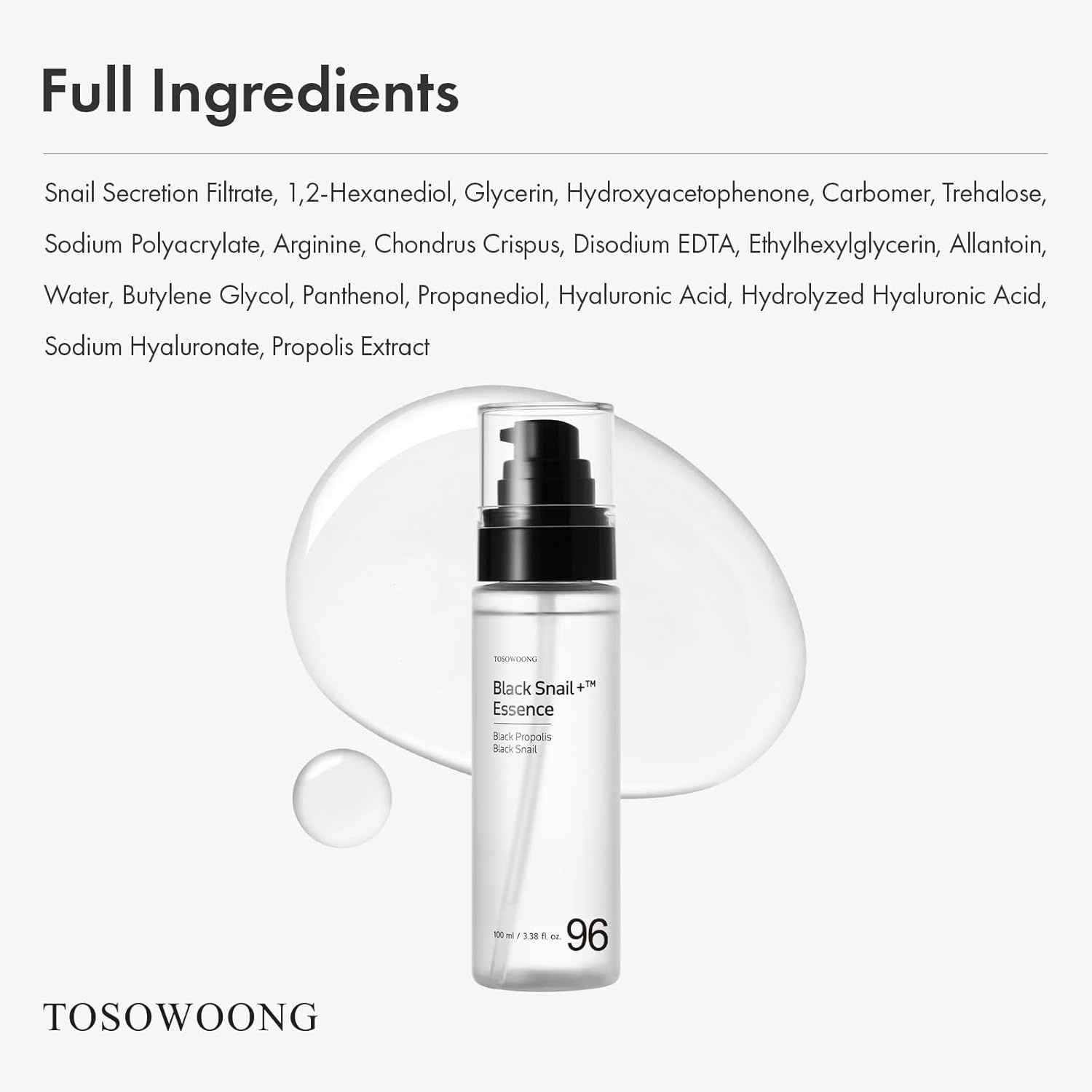 TOSOWOONG Black Snail Plus Essence With 960,890ppm Black Snail Secretion Filtrate, Hydrating Serum, Repairing, Anti Aging, Dull Skin, Fine Lines, Sensitive Skin, Korean Skin Care, 100ml, 3.38 fl.oz. - view 5