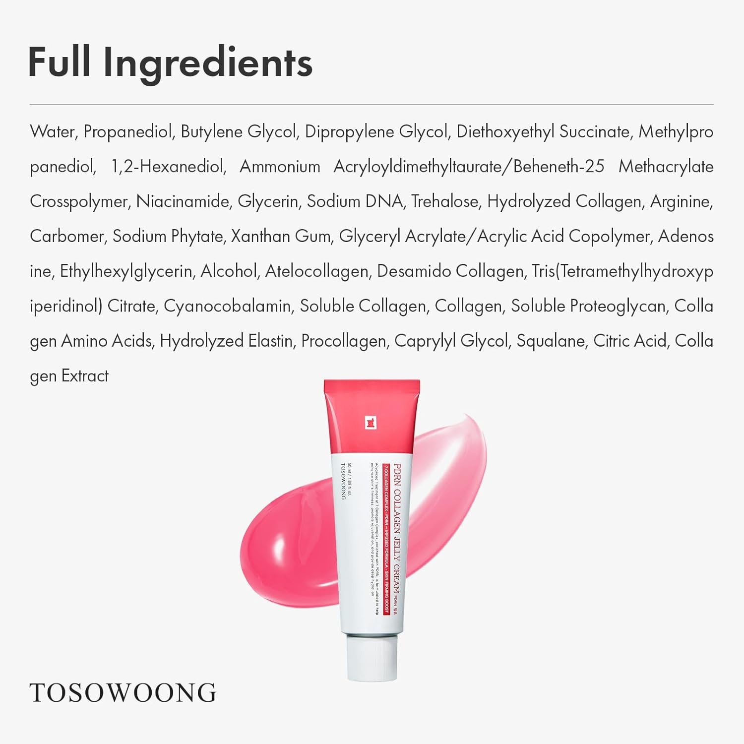 TOSOWOONG PDRN Collagen Jelly Cream, 5,000ppm Salmon DNA PDRN, Niacinamide, Hydrolyzed Collagen, Glow, Hydrating, Firming, Uneven Skin Tone, No artificial color, Korean Skin Care, 50ml, 1.69 fl.oz. - view 5