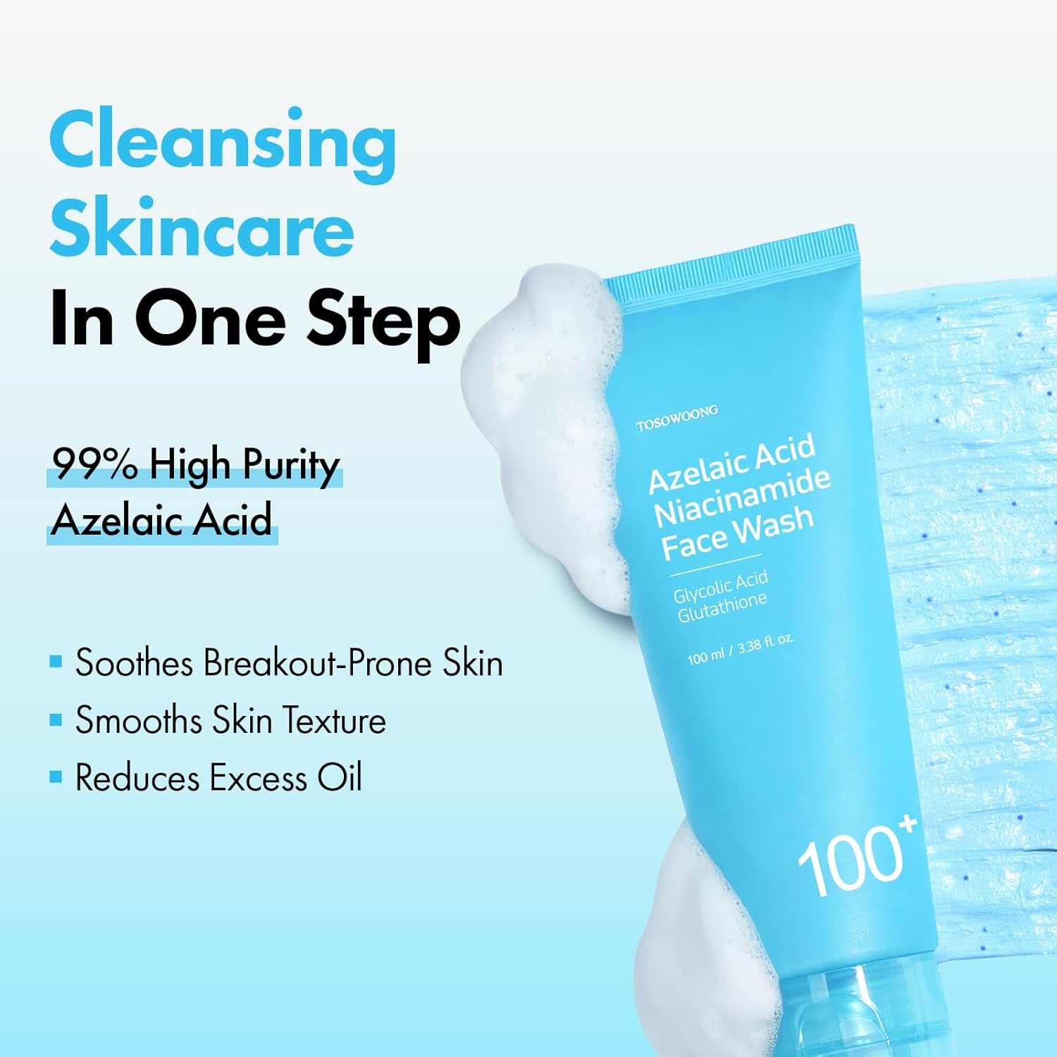 TOSOWOONG Azelaic Acid Niacinamide Face Wash, 99% Purity Azelaic Acid, Mochi Whip Cleanser with Capsules, Excess Sebum, Centella Asiatica for Acne-Prone Skin, Korean Skincare, 100ml / 3.38 fl. oz.