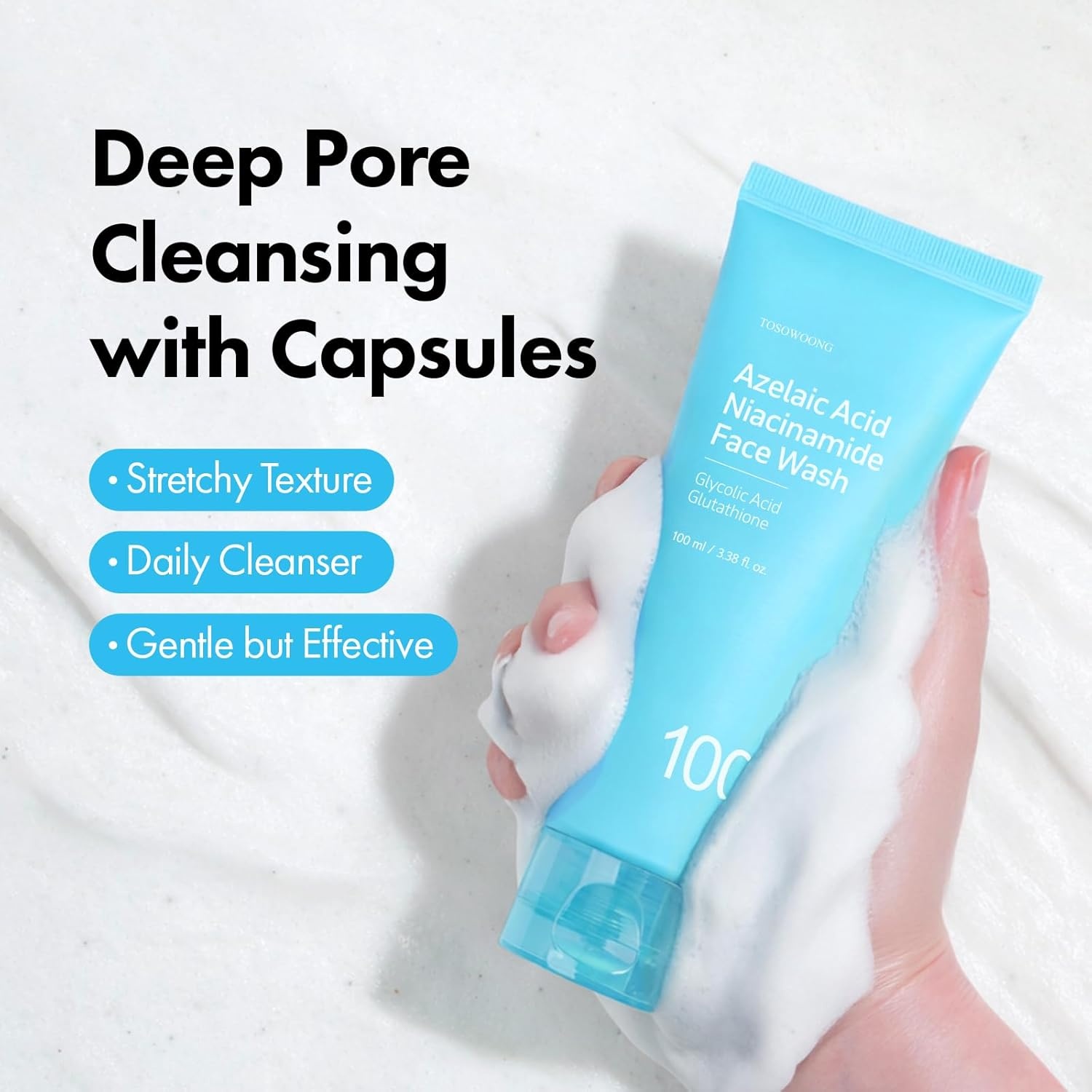 TOSOWOONG Azelaic Acid Niacinamide Face Wash, 99% Purity Azelaic Acid, Mochi Whip Cleanser with Capsules, Excess Sebum, Centella Asiatica for Acne-Prone Skin, Korean Skincare, 100ml / 3.38 fl. oz. - view 3