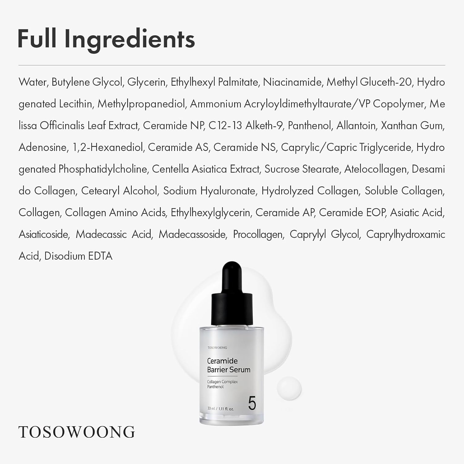 TOSOWOONG Ceramide Barrier Serum, Hydrating Serum for Face, 1,250ppm Ceramide Complex, Niacinamide, Collagen, Panthenol, Centella, Glass Skin, Fragrance-free, Korean Skin Care, 33 ml / 1.11 fl. oz. - view 5