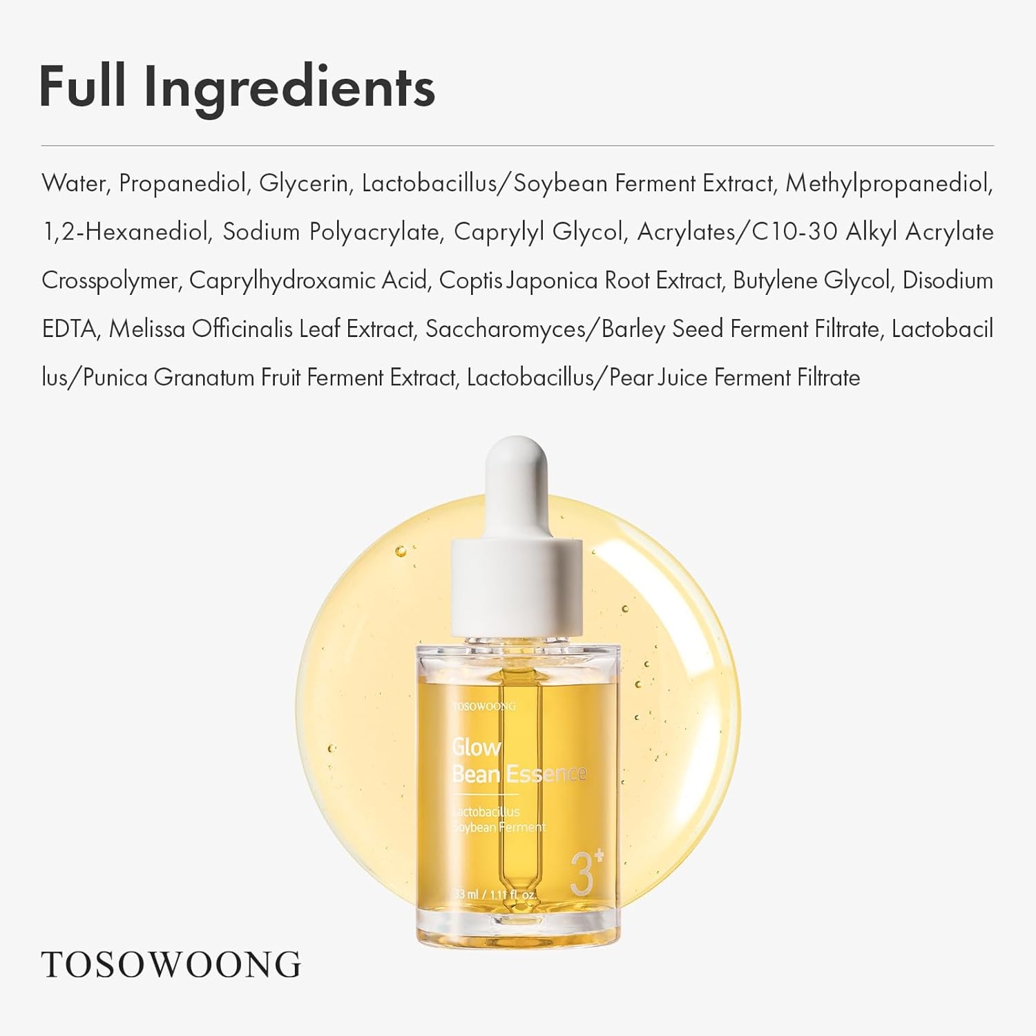 TOSOWOONG Glow Bean Essence, 31,025ppm Soybean Ferment Extract, Glass Skin, Exfoliating, Hydrating, Radiant, Moisturizer, Barrier, Face Serum, Korean Skin Care, 33ml / 1.11 fl. oz. - view 5