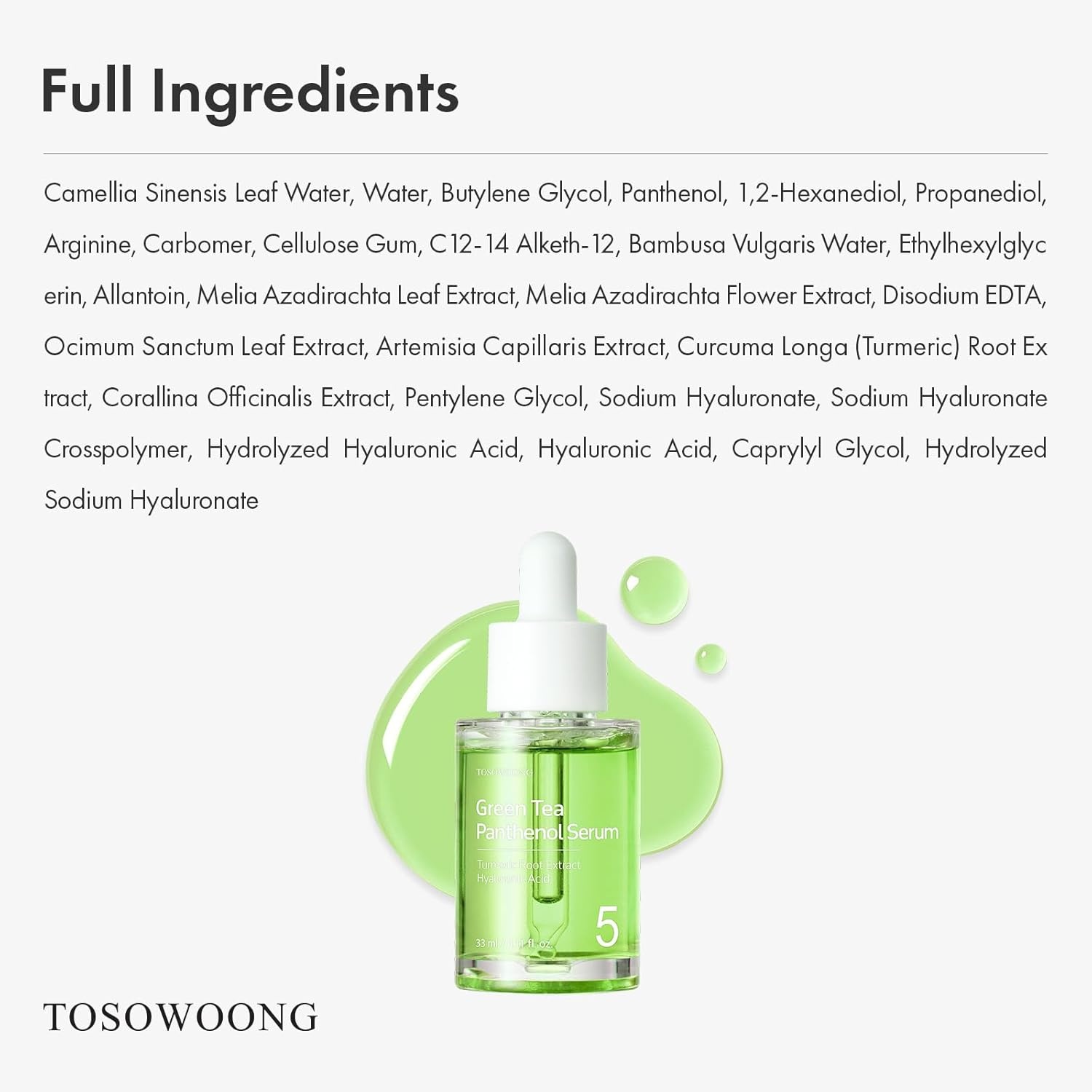 TOSOWOONG Green Tea 60% Panthenol Serum for Calming, Skin Barrier Support, Hydrating for Dry, Sensitive, Irritated Skin with Dexpanthenol 5%, Hyaluronic Acid, Korean Skincare, 33 ml / 1.11 fl. oz. - view 5