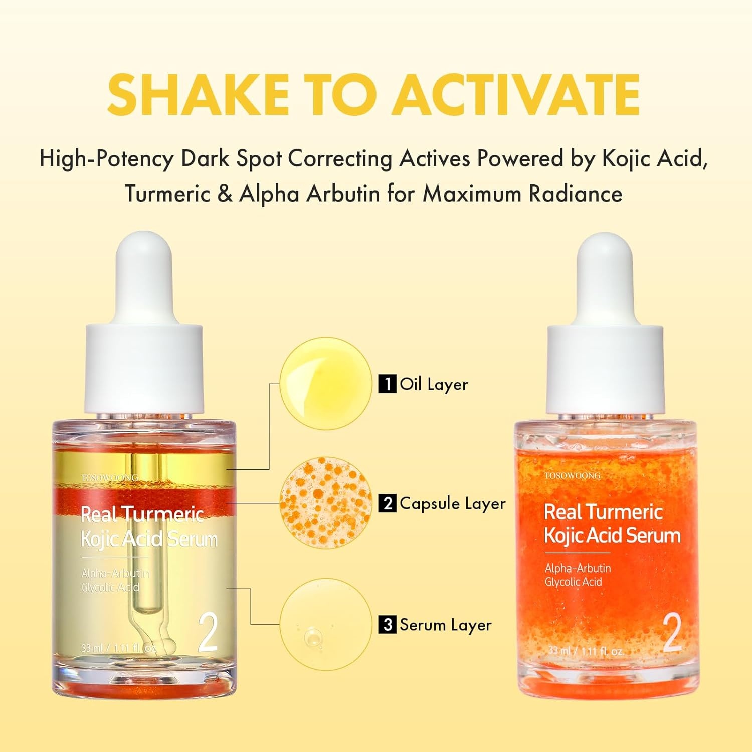 TOSOWOONG Real Turmeric Kojic Acid Serum – Brightening serum 7,000ppm Kojic Acid, 1,500ppm Turmeric, Alpha Arbutin, Astaxanthin, Glycolic Acid, Dark Spots, Freckle, Korean Skin Care, 33ml/1.11 fl.oz.