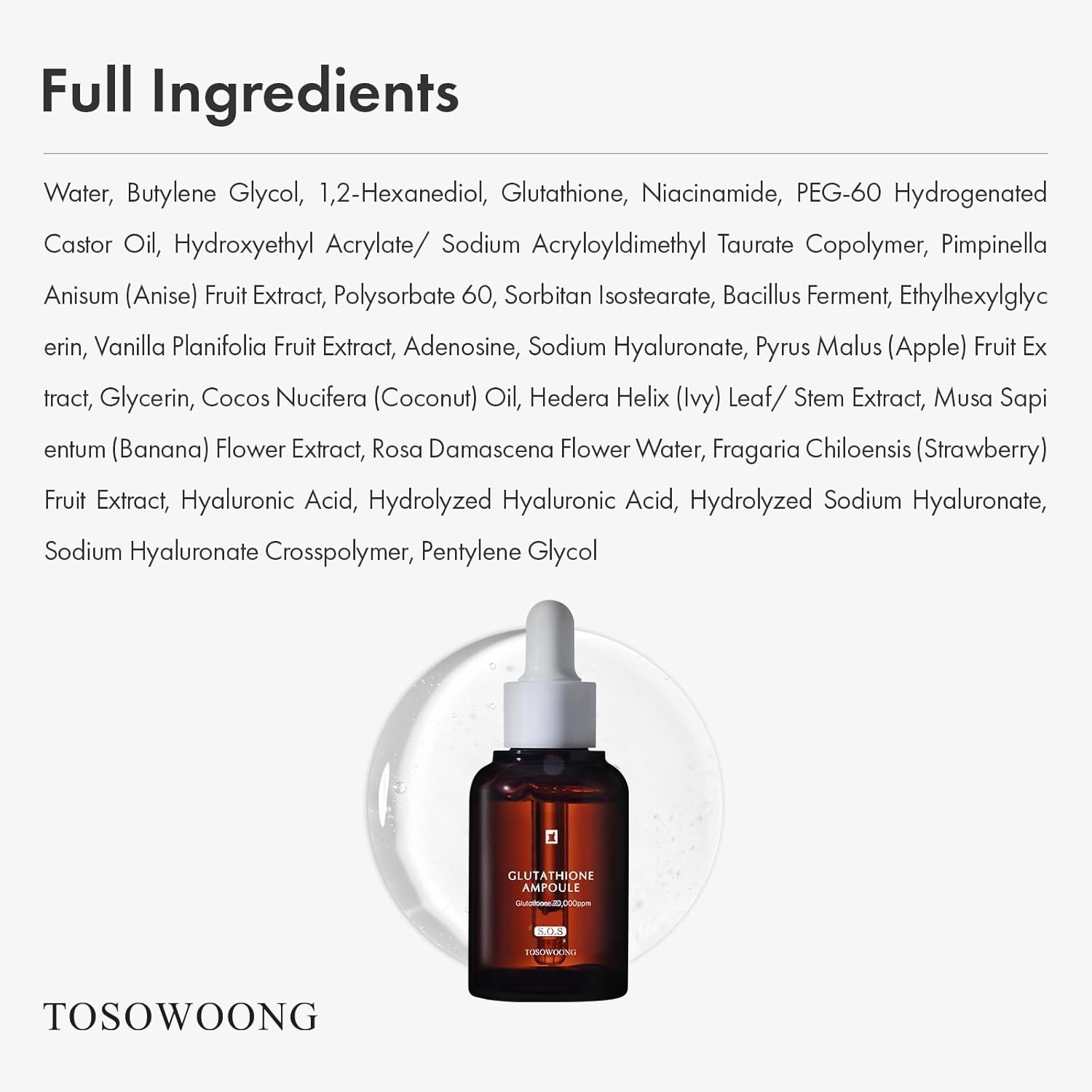TOSOWOONG Glutathione Serum with 20,000ppm Glutathione, Niacinamide and hyaluronic acid, Dark Spot, Improve skin elasticity, Revitalize complexion, Korean Skincare, 30ml, 1.01 fl. oz.(Glutathione Serum) - view 6