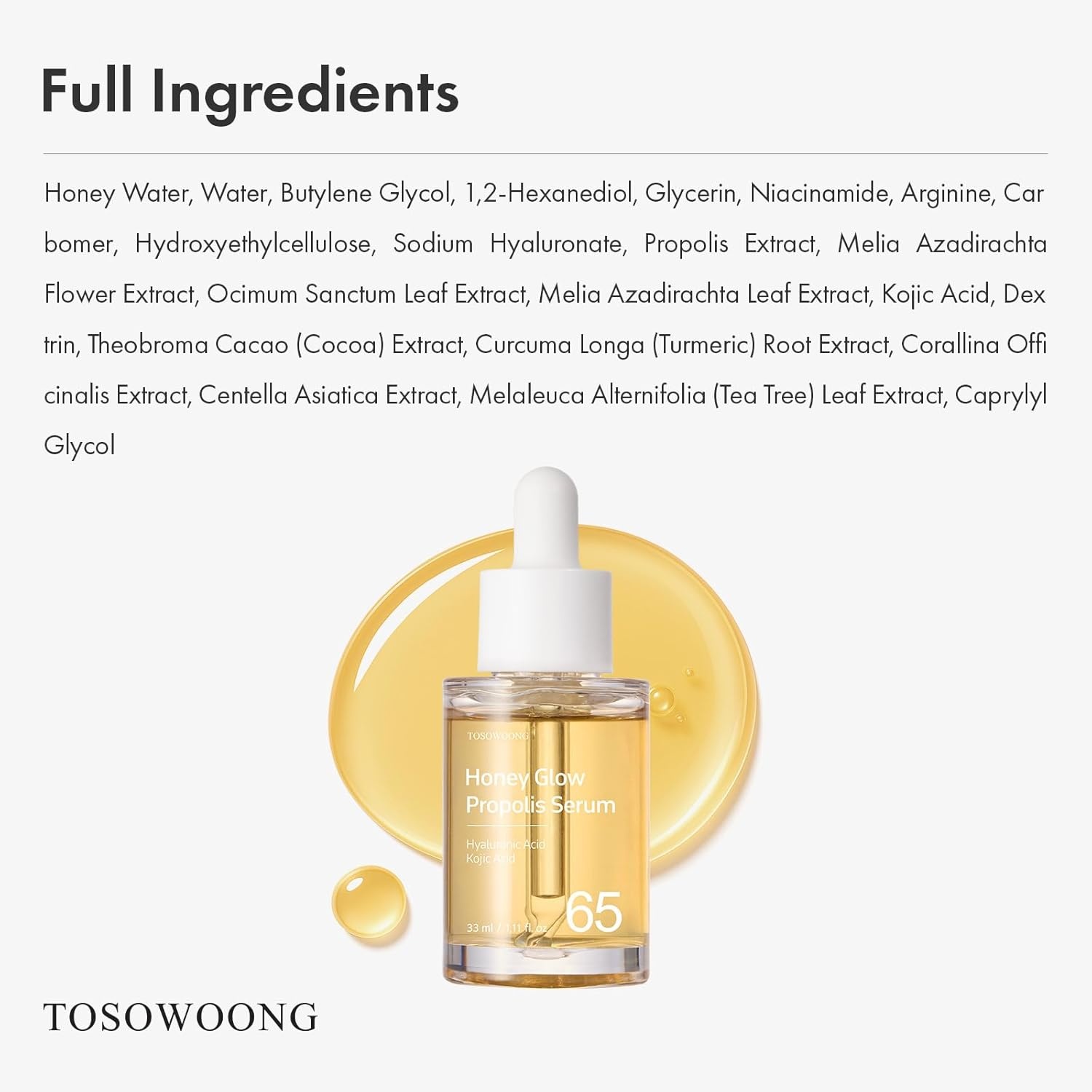 TOSOWOONG Honey Glow 65% Propolis Serum, Hyaluronic Acid, Kojic Acid, Niacinamide, Hydrating Facial Soothing Moisturizer for Irritated Uneven Skin Tone, Glass Skin, Korean Skin Care, 33ml, 1.11 fl.oz. - view 5