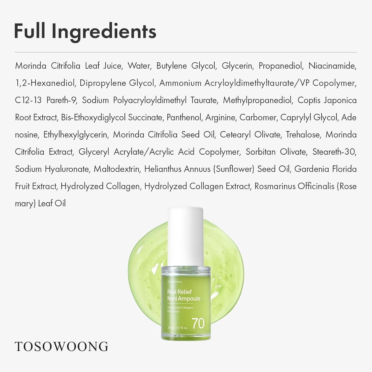TOSOWOONG Real Relief Noni Ampoule, 701,518ppm Noni Leaf Juice, Korean Skincare Calming Serum, Dark Spots & Fine Lines, Hydration, Moisturizing, Anti Aging, Glass Skin Glow, 33ml / 1.11 fl. oz. - view 5