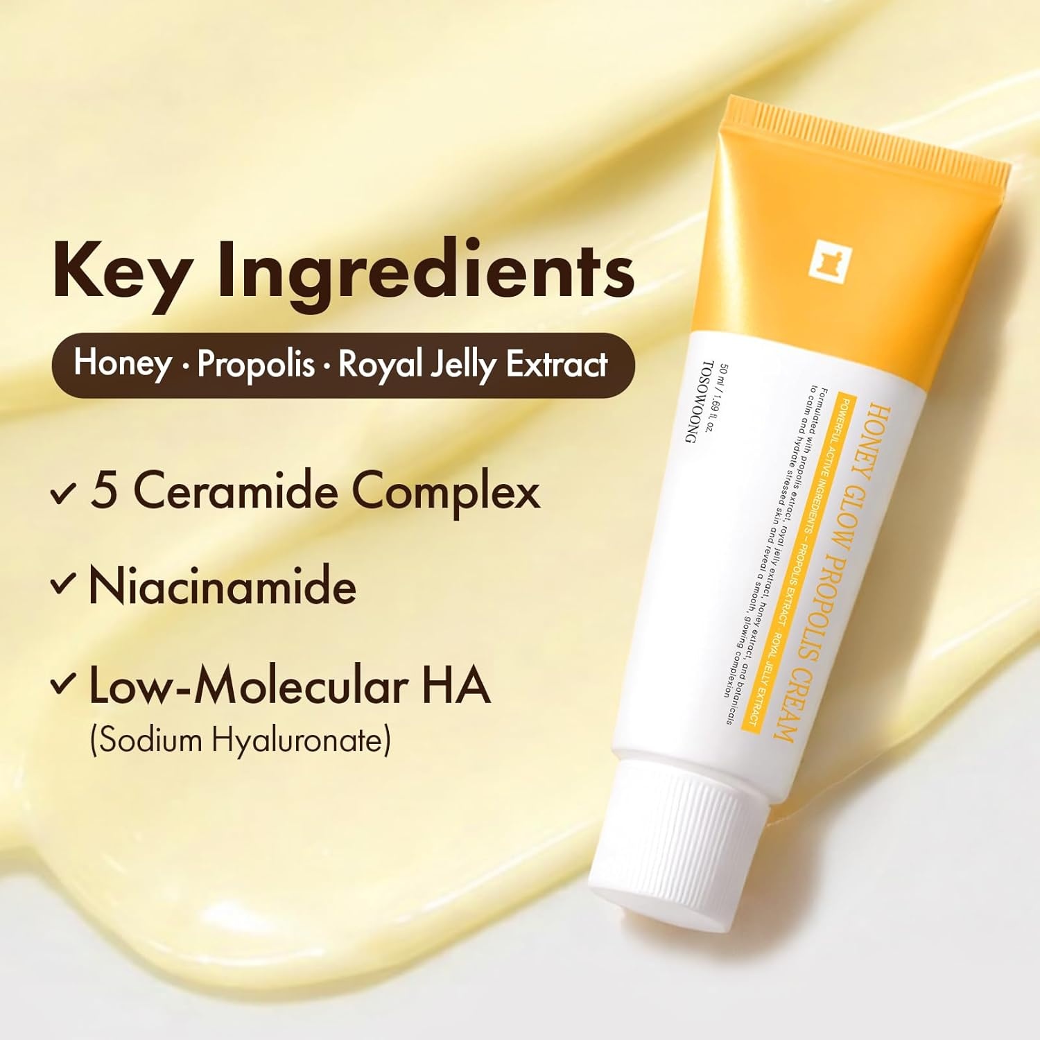TOSOWOONG Honey Glow 47% Propolis Cream, Hydrating Facial Soothing Moisturizer with Bee Venom, Royal Jelly Extract, Vitamin C for Irritated Dry Skin, Glass Skin, Korean Skincare, 50ml / 1.69 fl.oz. - view 3