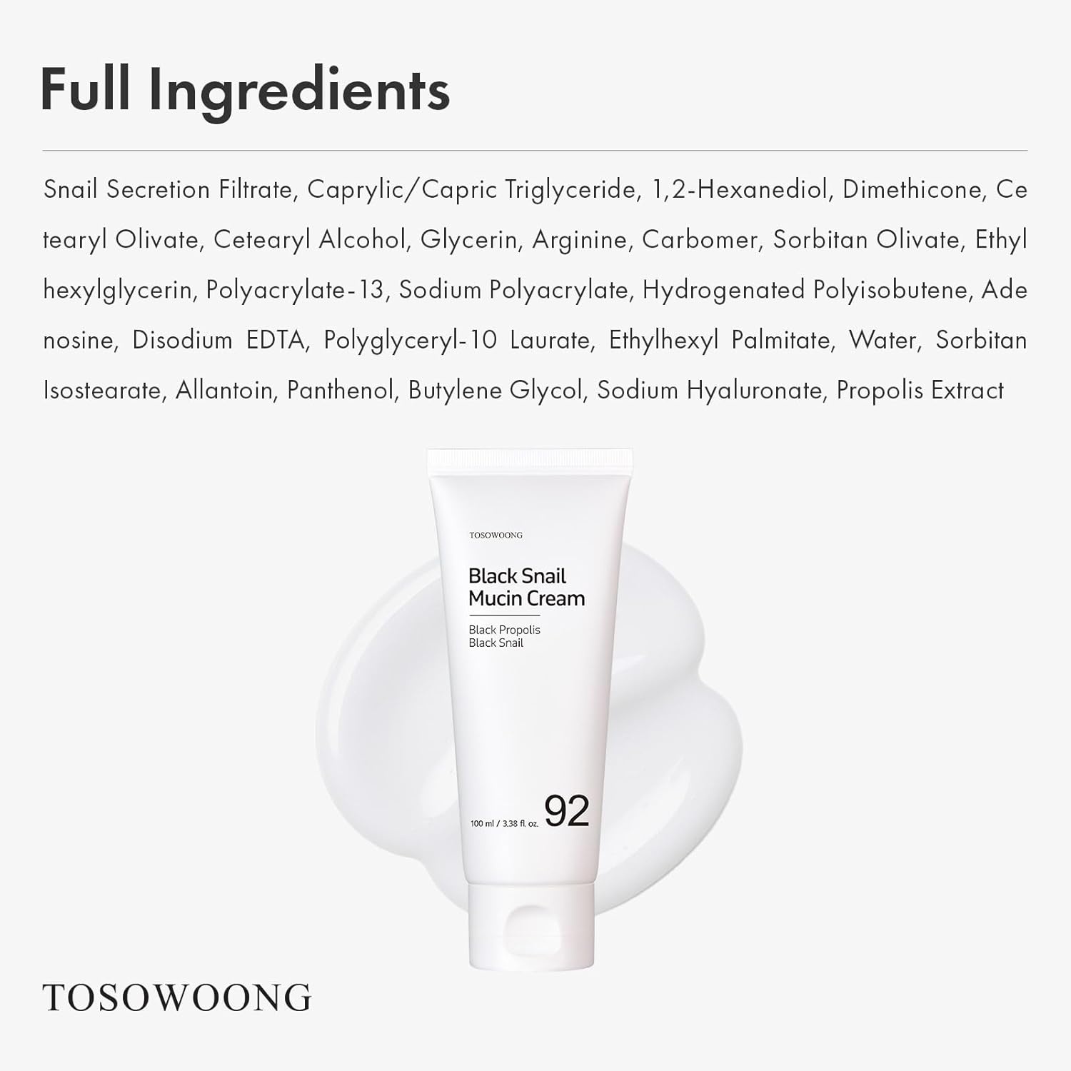 TOSOWOONG Black Snail Mucin 92% Face Cream, 920,768ppm Black Snail Mucin, Propolis, Lightweight Moisturing Cream for Soft, Glowy Skin, Moisturizer Face Cream, Korean Skin Care, 100ml, 3.38 fl.oz. - view 5